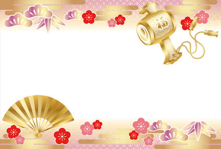 A New Yearâs card template with traditionally auspicious items in Japan, such as pines, bamboos, plum flowers, a fan, and a lucky mallet.のイラスト素材