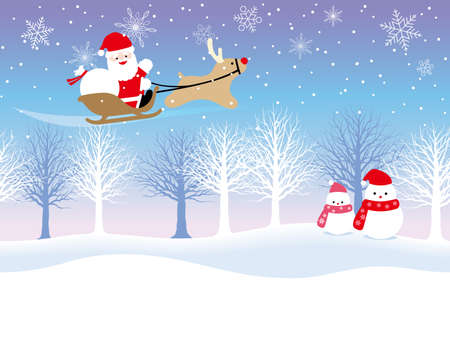 A seamless winter landscape with Santa Claus and reindeers, vector illustration. (Horizontally repeatable.)のイラスト素材