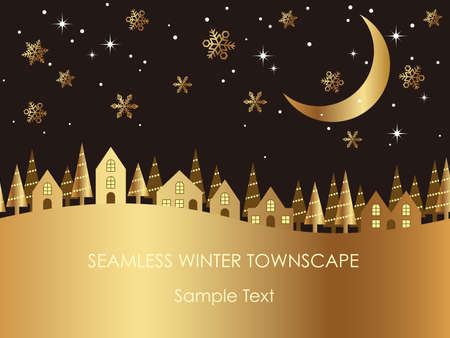 A seamless winter townscape with text space, vector illustration with houses and moonのイラスト素材