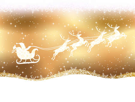 A seamless abstract Christmas banner  with Santa Claus and reindeer with snowflakes on a golden background, vector illustration. (Horizontally repeatable)のイラスト素材