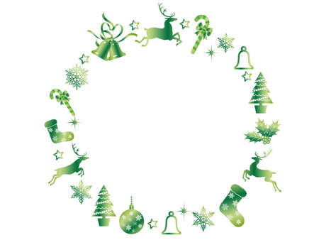 An abstract Christmas green wreath frame with assorted Christmas graphic elements, vector illustration.のイラスト素材