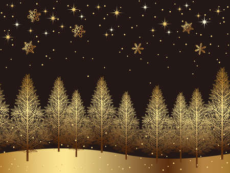 A seamless snowy landscape, fir trees pattern golden background design vector illustration.のイラスト素材