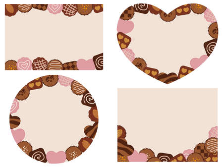 A set of four Valentineâs Day cards with various chocolates arranged as frames, vector illustration. (without sample text)のイラスト素材