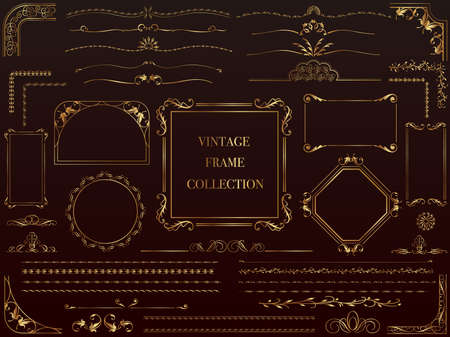 A set of assorted gold vintage frames, vector illustration.のイラスト素材