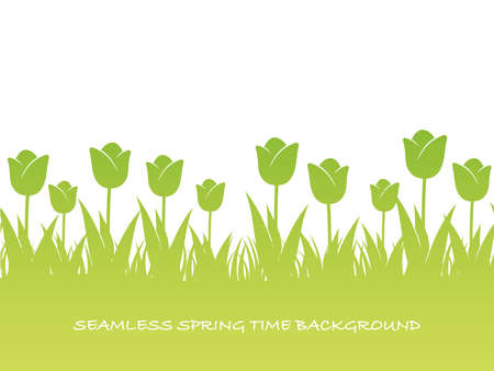 A seamless springtime background with tulips and text space, vector illustration. Horizontally repeatable.のイラスト素材