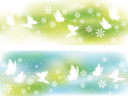 Set of two springtime banners with flowers and butterfliesのイラスト素材