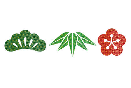 Set of Japanese traditionally auspicious botanical items: pine, bamboo, and plum, vector illustration.のイラスト素材