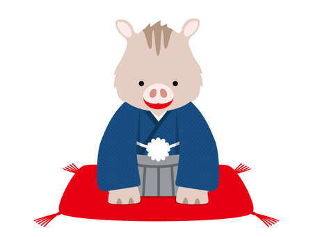 Personified wild boar dressed in traditional Japanese clothing, vector illustration.のイラスト素材