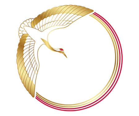 New Yearâs greeting frame with an auspicious symbol - crane - and decoration strings, vector illustration.のイラスト素材