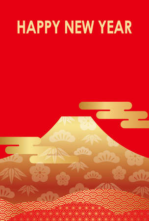 New Yearâs card template with gold Mt. Fuji, vector illustration.のイラスト素材