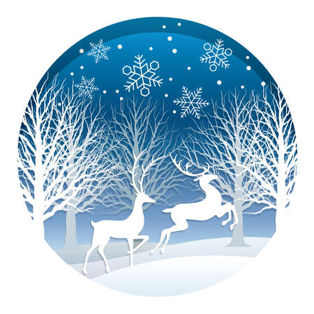 Christmas illustration with forest and reindeers, vector illustration.のイラスト素材