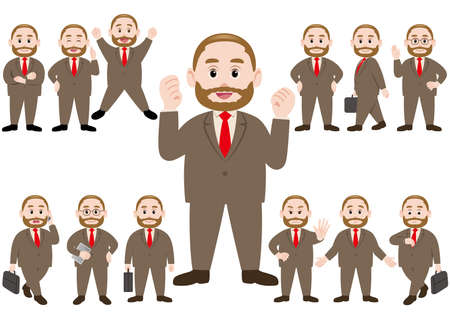 Businessman in different poses isolated on white background. Vector illustration set.のイラスト素材