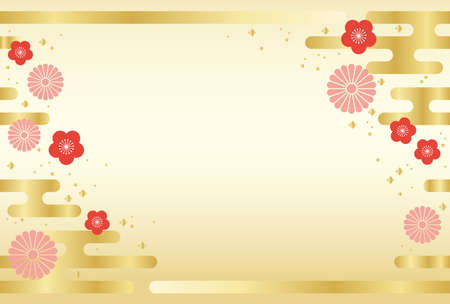 Japanese seamless New Yearâs card template with traditional cloud and flower patterns, vector illustration. Horizontally repeatable.のイラスト素材