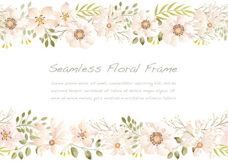Watercolor Seamless Floral Frame Isolated On A White Background. Vector Illustration. Horizontally Repeatable.のイラスト素材