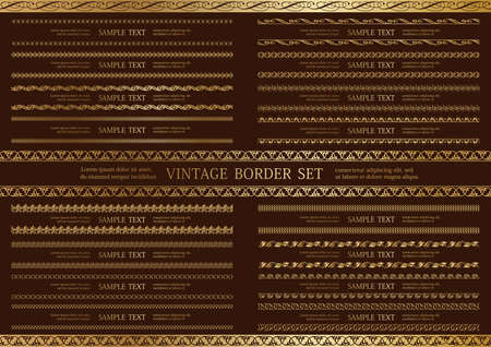 Gold Seamless Vintage Borders Set Isolated On A Dark Background. Vector Illustration. Horizontally Repeatable.のイラスト素材