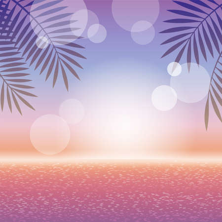 Sunset Colors Tropical Resort Vector Square Background With Ocean, Horizon, And Palm Leaves.のイラスト素材