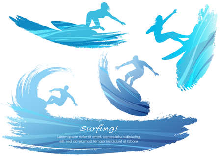 Surfing Silhouettes Vector Illustration Set Isolated On A White Background.のイラスト素材