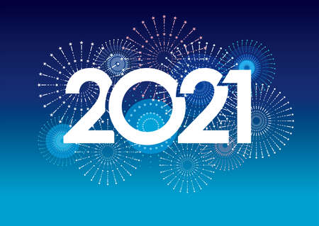 The Year 2021 Logo And Fireworks On A Blue Background, Vector illustration.
