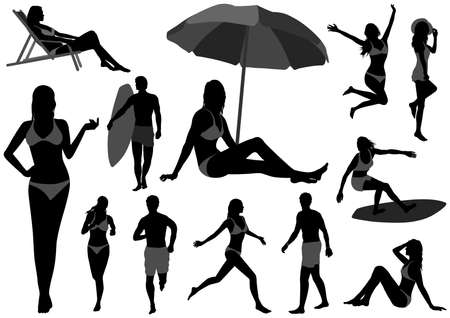Vector silhouette Illustration Set With Young Woman And Men In Swimsuits Isolated On a White Background. Easy To Use Illustration Set Isolated On A White Background.のイラスト素材