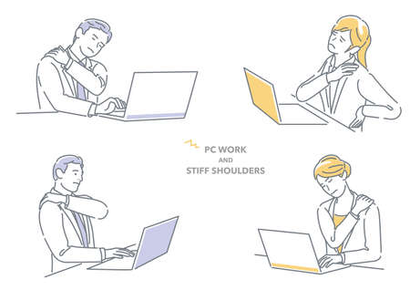 Businessman And Businesswoman Working On Laptop Computer Having Stiff Shoulders. Easy To Use Vector Flat Illustration Isolated On A White Background.のイラスト素材