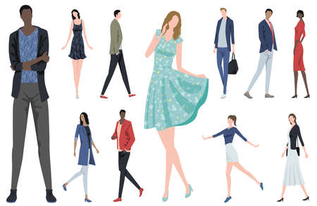 Fashionable People Standing In Different Poses. Easy To Use Vector Flat Illustration Set Isolated On A White Background.のイラスト素材
