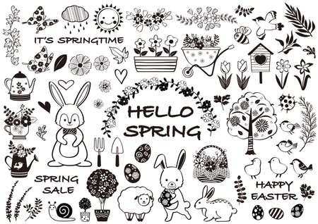 Spring And Happy Easter Vector Black And White Illustration Set With Flowers, Birds, Butterflies, Gardening Tools, Easter Bunny, And Other Cute Characters Isolated On A White Background.のイラスト素材