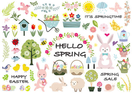 Spring And Happy Easter Vector Illustration Set With Flowers, Birds, Butterflies, Gardening Tools, Easter Bunny, And Other Cute Characters Isolated On A White Background.のイラスト素材