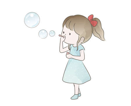Watercolor Cute Girl Blowing Bubbles Isolated On A White Background. Vector Naive Illustration.のイラスト素材