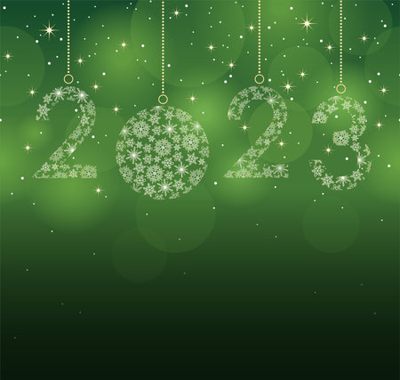 The Year 2023 Christmas Ball Symbol On A Green Square Background. Vector Illustration.のイラスト素材