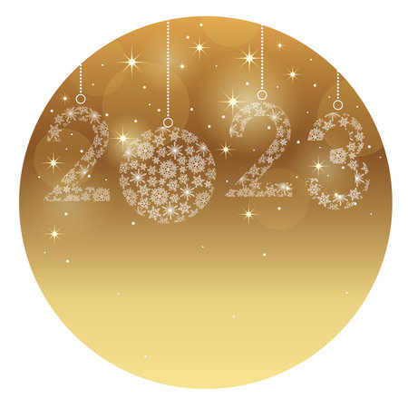 The Year 2023 Christmas Ball Symbol On A Gold Round Background. Vector Illustration.