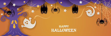 Happy Halloween Vector Background Illustration With A Haunted Tree, Ghosts, Bats, And Spiders.のイラスト素材
