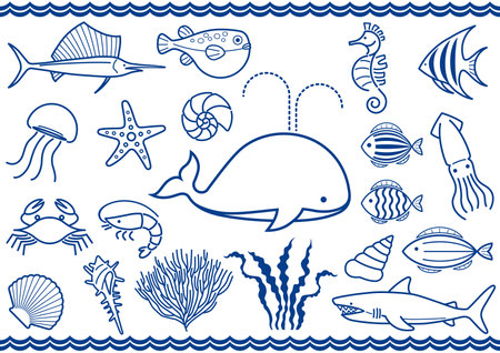 Vector Marine Life Icon Set Isolated On A White Background.のイラスト素材