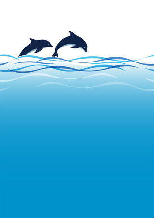 Vector Jumping Dolphins And Waves Seamless Background Illustration With Text Space. Horizontally Repeatable.のイラスト素材