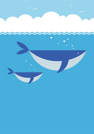 Vector Blue Whale Family In The Sea Seamless Flat Illustration With Blue Background And Text Space. Horizontally Repeatable.のイラスト素材