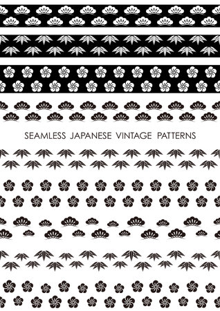Set Of Japanese Monochrome Vintage Seamless Borders. Vector Illustration. Horizontally Repeatable.のイラスト素材