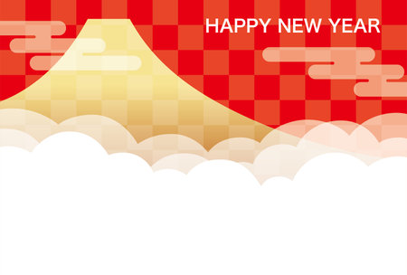 Vector New Yearâs Greeting Card Template With Mt. Fuji, Clouds, And Text Space.のイラスト素材