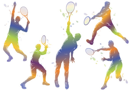 Vector Tennis Players Colorful Gradation Silhouette Illustration Set Isolated On A White Background.のイラスト素材