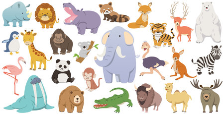 Cute Cartoonish Wild Animals Vector Illustration Set Isolated On A White Background.