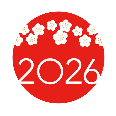 The Year 2026 New Year's Greeting Symbol With The Red Rising Sun And White Plum Petals. Vector...