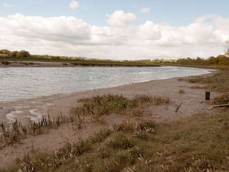 A Waterway River Through the UK with Low Tide and Birds Wading in the Water and the Mud Bank with A Cloudy Blue Sky and Brown Grassy Land in Springの写真素材