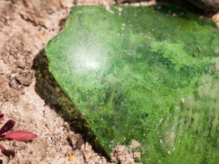 green glass close up texture on the floor outside in spring uk sand beach broken bottleの写真素材
