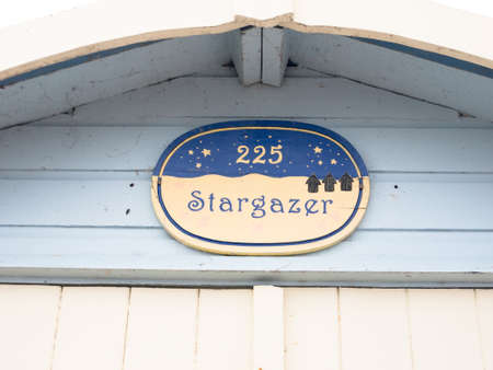 close up of sign above hut 225 stargazer; England; UKの写真素材