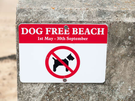 dog free beach red and white sign on wall beach dovercourt harwich; England; UKの写真素材