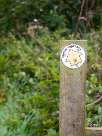 close up of wooden post essex walking path trail sign yellow arrow; England; UKのeditorial素材