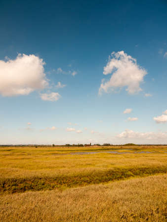 open marshland landscape scene with blue skies, clouds, and grass; essex; england; UKの写真素材