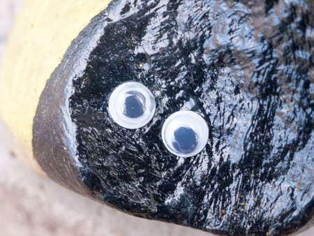 close up of funny cartoon googly eyes on black rockの写真素材