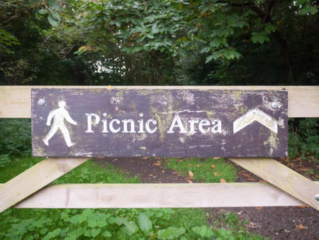 picnic area public sign on wooden fence countryside; Essex; England; UKの写真素材