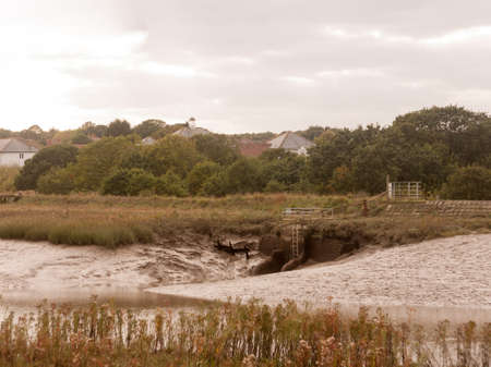 peaceful riverbed coast scene with tide out and low, across the way country horizon; essex; england;...