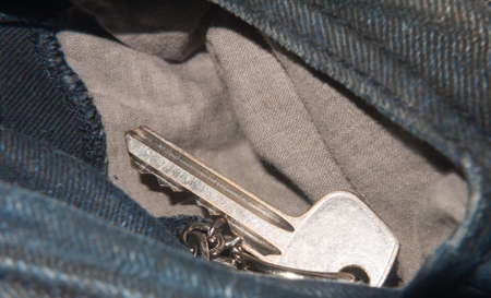 keys in pocket of jeans close up detail; essex; england; ukの写真素材