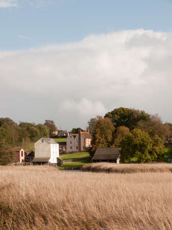 beautiful white mill old building end of coastal river beyond grass reeds; essex; england; uk